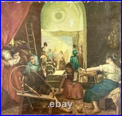 Huile Sur Toile Ancienne D'après Le Tableau De Diego Velasquez Les Fileuses
