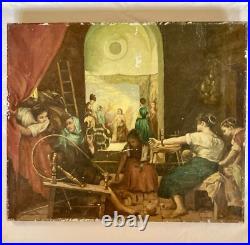 Huile Sur Toile Ancienne D'après Le Tableau De Diego Velasquez Les Fileuses