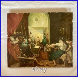 Huile Sur Toile Ancienne D'après Le Tableau De Diego Velasquez Les Fileuses