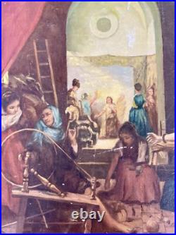 Huile Sur Toile Ancienne D'après Le Tableau De Diego Velasquez Les Fileuses