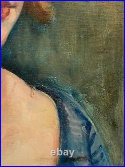 Huile Sur Toile Portrait Femme Par Andre Favory 1930 Fond Vert C3509