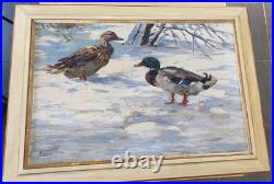 Huile Sur toile Canards Dans Un Paysage Enneigé 61 X 84 Cm