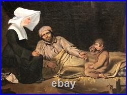 Huile sur Toile Religieuse Misère Enfant Père Souffrant XIX ème Antique Painting