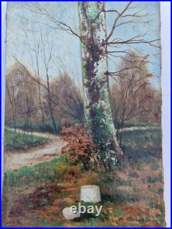 Huile sur toile 5P XIX paysage de forêt XIX arbre bouleau signé tableau ancien Huile sur toile 5P XIX paysage de forêt XIX arbre bouleau signé tableau ancien