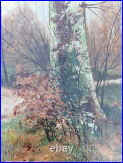Huile sur toile 5P XIX paysage de forêt XIX arbre bouleau signé tableau ancien Huile sur toile 5P XIX paysage de forêt XIX arbre bouleau signé tableau ancien
