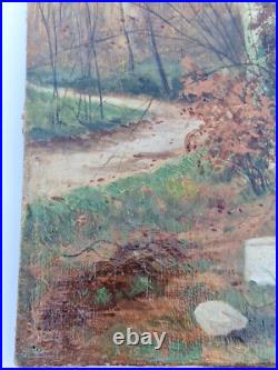 Huile sur toile 5P XIX paysage de forêt XIX arbre bouleau signé tableau ancien Huile sur toile 5P XIX paysage de forêt XIX arbre bouleau signé tableau ancien