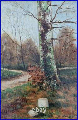 Huile sur toile 5P XIX paysage de forêt XIX arbre bouleau signé tableau ancien Huile sur toile 5P XIX paysage de forêt XIX arbre bouleau signé tableau ancien