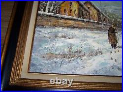 Huile sur toile 83 x 71 cm promeneur dans la neige de Kressley