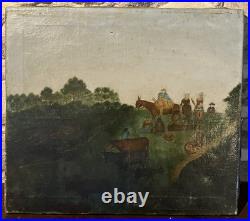 Huile sur toile Art populaire Ecole Française XVIII-XIXe Famille dans leur ferme Huile sur toile Art populaire Ecole Française XVIII-XIXe Famille dans leur ferme