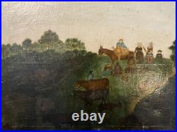 Huile sur toile Art populaire Ecole Française XVIII-XIXe Famille dans leur ferme Huile sur toile Art populaire Ecole Française XVIII-XIXe Famille dans leur ferme
