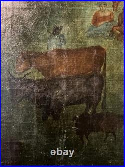 Huile sur toile Art populaire Ecole Française XVIII-XIXe Famille dans leur ferme Huile sur toile Art populaire Ecole Française XVIII-XIXe Famille dans leur ferme