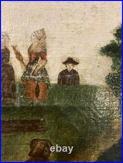 Huile sur toile Art populaire Ecole Française XVIII-XIXe Famille dans leur ferme Huile sur toile Art populaire Ecole Française XVIII-XIXe Famille dans leur ferme