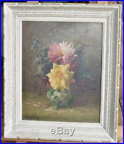 Huile sur toile Bouquet de fleurs signé C. Videau(pseudo d'H. Delpech)XIX-XXème