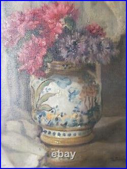 Huile sur toile Bouquet et porcelaine (chinoise) 35x27