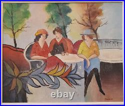 Huile sur toile, Ecole Française du XXe, élégantes sur la terrasse, signée SEURIN
