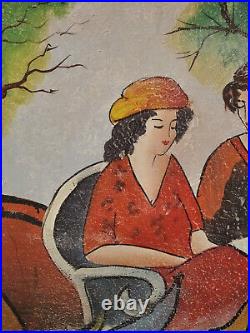 Huile sur toile, Ecole Française du XXe, élégantes sur la terrasse, signée SEURIN