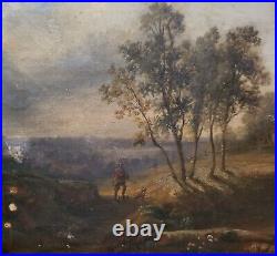 Huile sur toile Ecole de Barbizon c1850 paysage, chasseur église, arbres. P