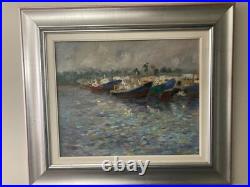 Huile sur toile Michel Calvet bateaux à quai