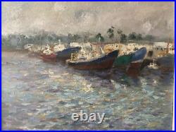 Huile sur toile Michel Calvet bateaux à quai