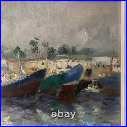 Huile sur toile Michel Calvet bateaux à quai