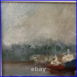 Huile sur toile Michel Calvet bateaux à quai