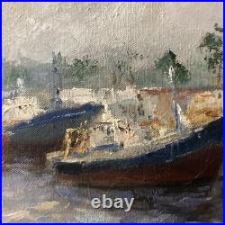 Huile sur toile Michel Calvet bateaux à quai