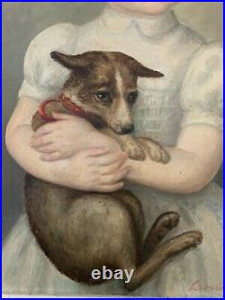 Huile sur toile Portrait d'une jeune enfant et son chien Léonardo PIZZANELLI