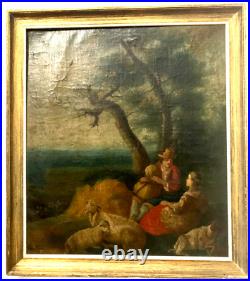 Huile sur toile Scène pastorale romantique XIX siècle