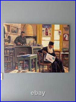Huile sur toile Un prêtre orthodoxe lisant à l'intérieur d'un café Huile sur toile Un prêtre orthodoxe lisant à l'intérieur d'un café