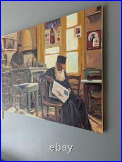 Huile sur toile Un prêtre orthodoxe lisant à l'intérieur d'un café Huile sur toile Un prêtre orthodoxe lisant à l'intérieur d'un café