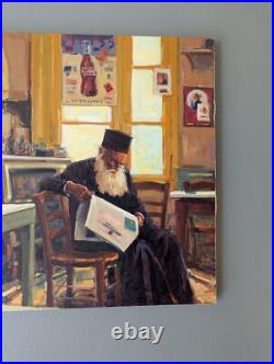 Huile sur toile Un prêtre orthodoxe lisant à l'intérieur d'un café Huile sur toile Un prêtre orthodoxe lisant à l'intérieur d'un café