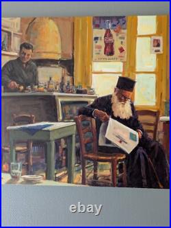 Huile sur toile Un prêtre orthodoxe lisant à l'intérieur d'un café Huile sur toile Un prêtre orthodoxe lisant à l'intérieur d'un café