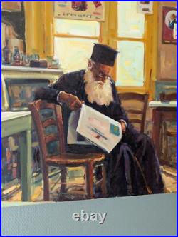 Huile sur toile Un prêtre orthodoxe lisant à l'intérieur d'un café Huile sur toile Un prêtre orthodoxe lisant à l'intérieur d'un café