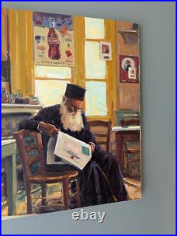 Huile sur toile Un prêtre orthodoxe lisant à l'intérieur d'un café Huile sur toile Un prêtre orthodoxe lisant à l'intérieur d'un café
