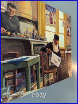 Huile sur toile Un prêtre orthodoxe lisant à l'intérieur d'un café Huile sur toile Un prêtre orthodoxe lisant à l'intérieur d'un café