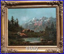 Huile sur toile (XIX-XXème), paysage de montagne animée, signée en bas à gauche