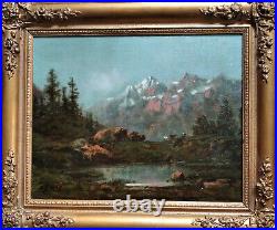 Huile sur toile (XIX-XXème), paysage de montagne animée, signée en bas à gauche