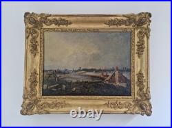 Huile sur toile XIX paysage marin tableau ancien cadre doré antique frame