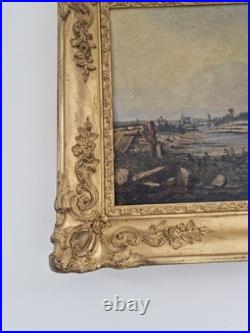 Huile sur toile XIX paysage marin tableau ancien cadre doré antique frame