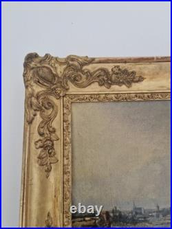 Huile sur toile XIX paysage marin tableau ancien cadre doré antique frame Huile sur toile XIX paysage marin tableau ancien cadre doré antique frame