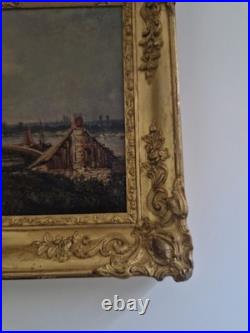 Huile sur toile XIX paysage marin tableau ancien cadre doré antique frame Huile sur toile XIX paysage marin tableau ancien cadre doré antique frame