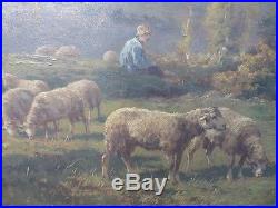 Huile sur toile XIXe impressionnisme signé Desprey moutons Berger en biaude