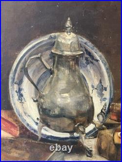 Huile sur toile XIXe impressionniste Nature morte au samovar Ecole Russe 54x65