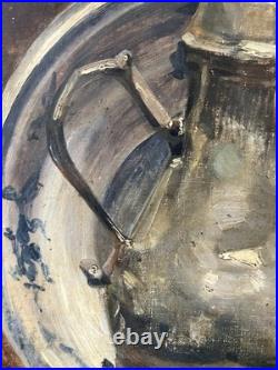 Huile sur toile XIXe impressionniste Nature morte au samovar Ecole Russe 54x65