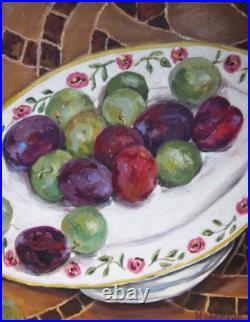 Huile sur toile XXème, par l'artiste. Nature morte. Les prunes