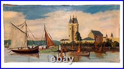 Huile sur toile ancienne, port, bateaux, Tour Solidor Saint Malo, signée 1930/40