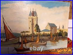 Huile sur toile ancienne, port, bateaux, Tour Solidor Saint Malo, signée 1930/40