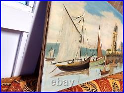 Huile sur toile ancienne, port, bateaux, Tour Solidor Saint Malo, signée 1930/40