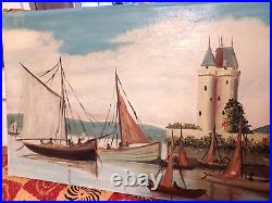 Huile sur toile ancienne, port, bateaux, Tour Solidor Saint Malo, signée 1930/40