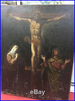 Huile sur toile ancienne scène religieuse XVII-XVIII-XIXème. Christ en croix